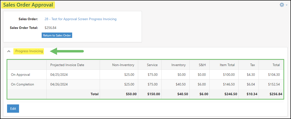 image of viewing the Progress Invoicing schedule for a Sales Order on the Sales Order Approval Page