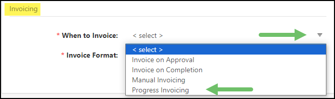 Image of changing the When To Invoice settings on a sales order