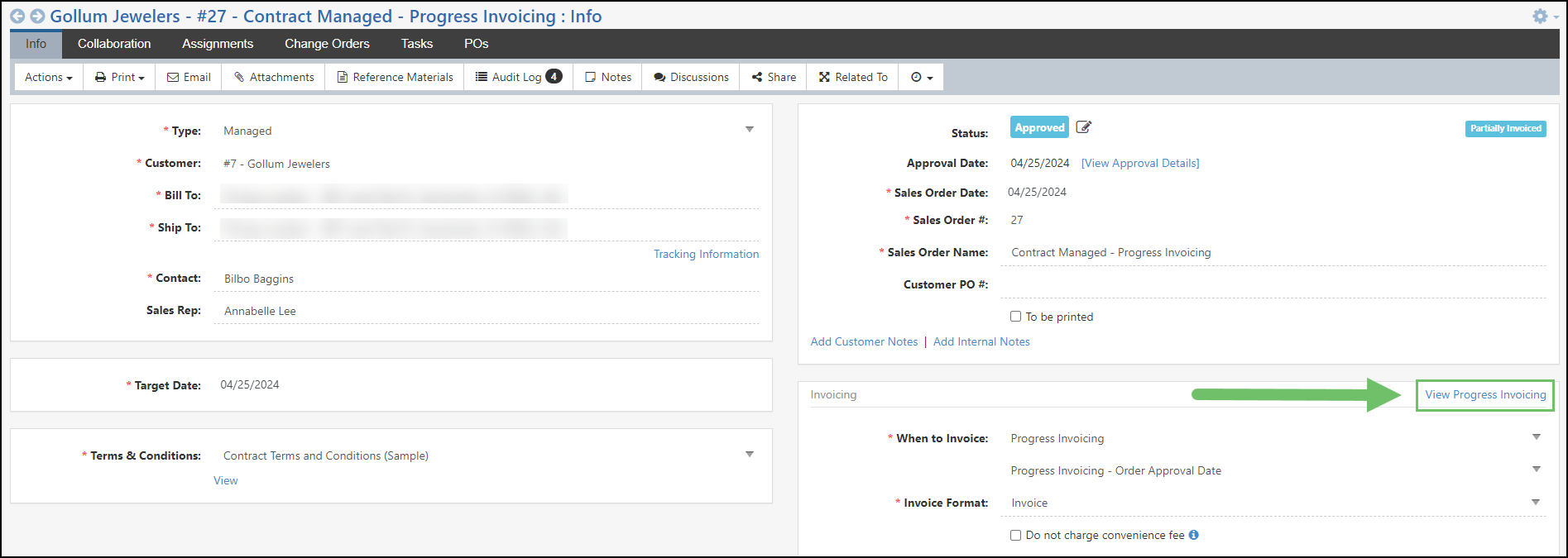 Example of viewing the Progress Invoicing Schedule on a Created Sales Order
