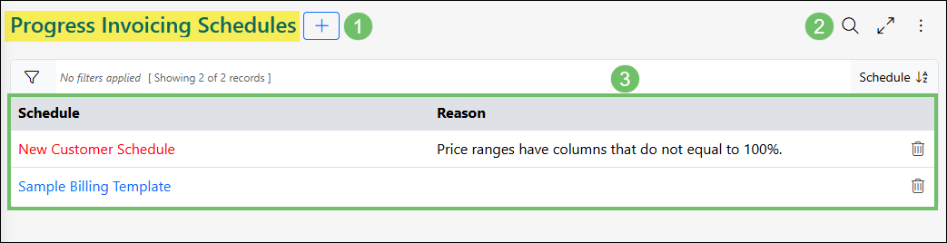 Example of the Progress Invoicing Schedules List