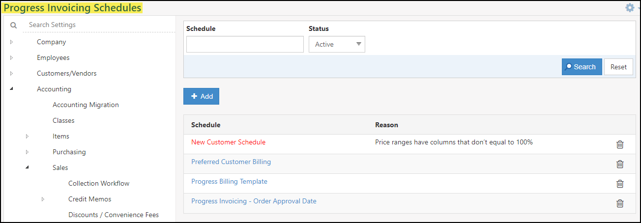 Image of the Progress Invoicing Schedules List within Striven