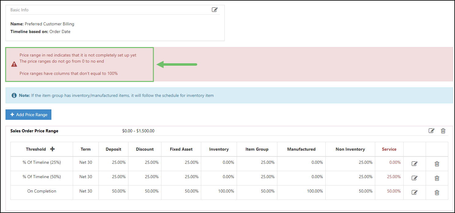 Example of the potential warnings that can occur when creating an Invoicing Schedule