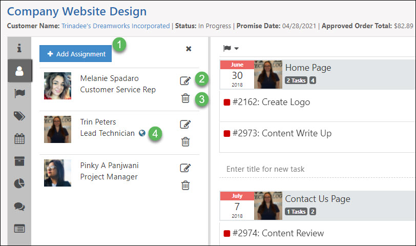 Project Assignments info including options to add assignments, remove assignments, edit assignment info and make assignment visible on Portal