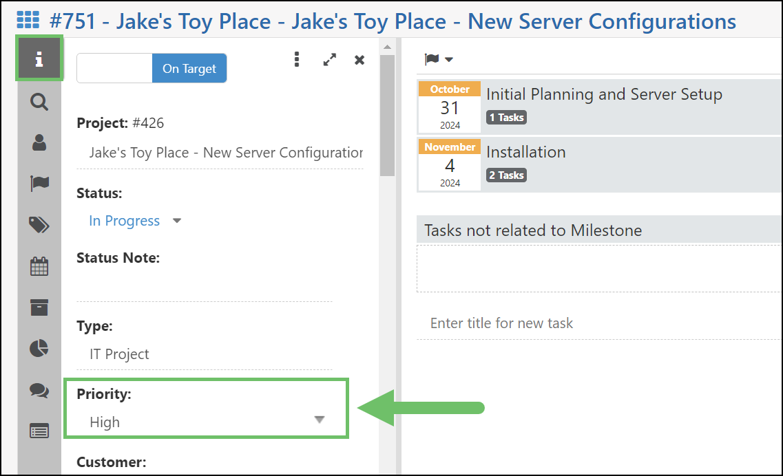 Image of a Project with the Project Info tab open, allowing you to see the Project Priority Field