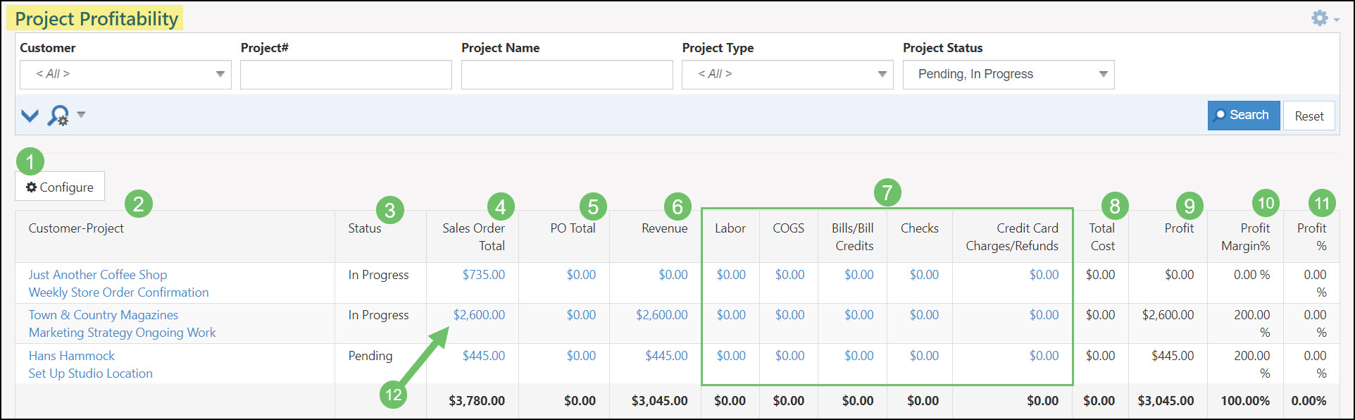 Image of the Project Profitability Report within Striven displaying all possible Expense Columns on the report.