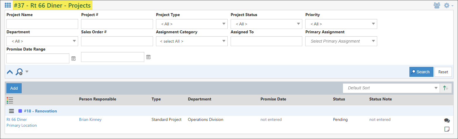 Image of the Customer Projects List page