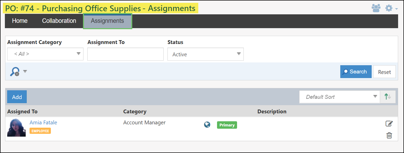 Image of the PO Assignments Tab on a Purchase Order