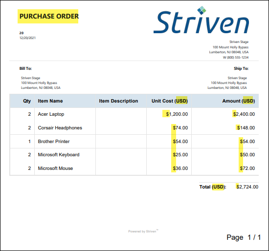 Purchase Order printable format - currency symbols & codes