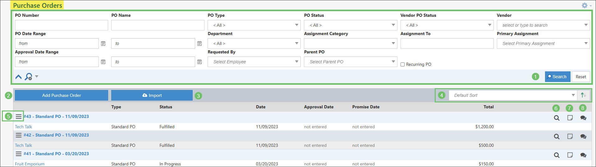 Example of a Purchase Orders List in Striven, highlighting the Search, Add, Import, Actions, Sort, Logs, and Discussions features.