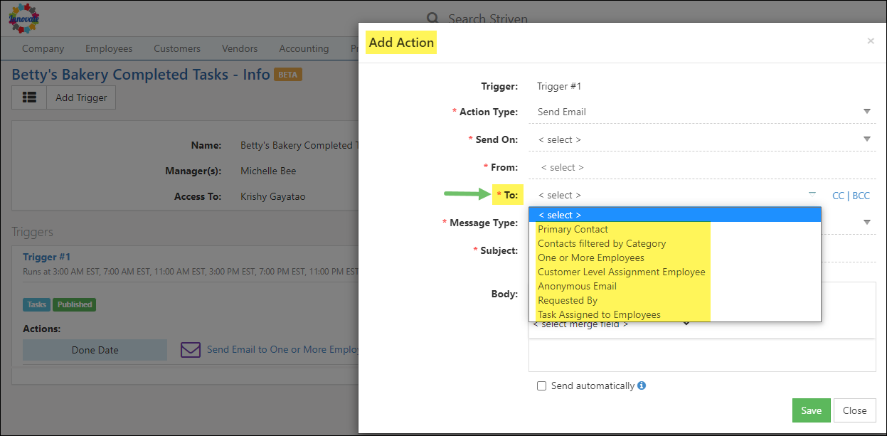 Recipient Options for Email Action Type