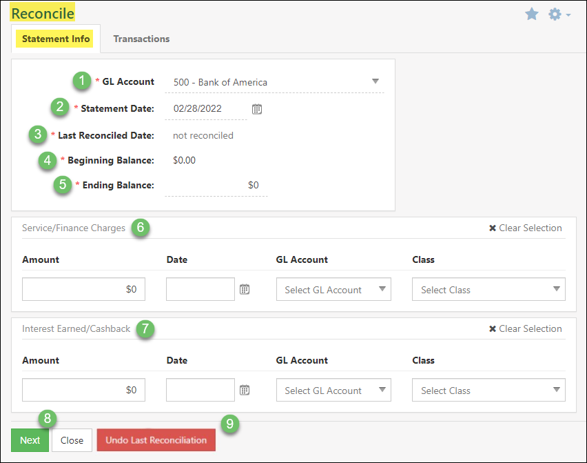 Reconcile Statement Info page with GL Account, Statement Date, Last reconciled date, beginning balance & ending balance