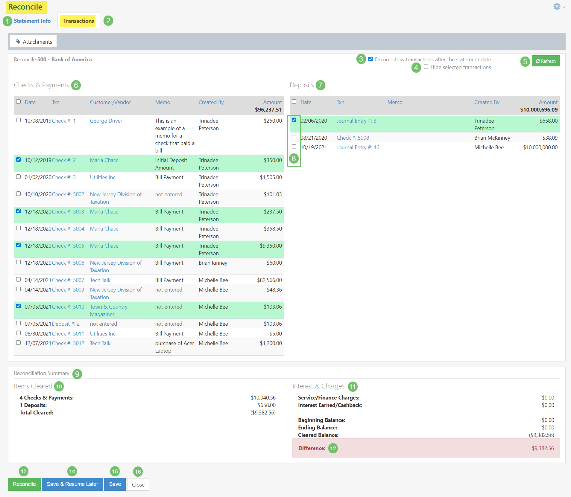 Example of the Reconciliations - Transactions page in Striven