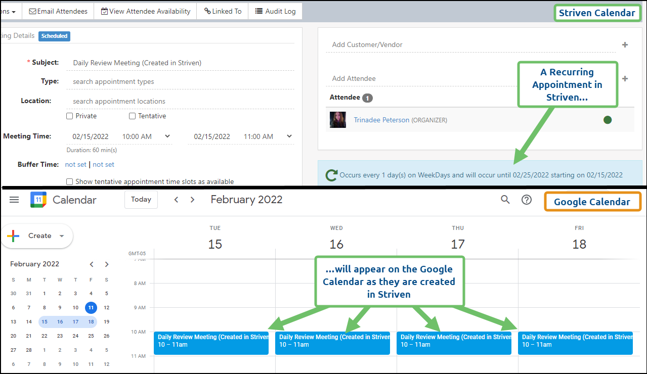 How recurring appointments in Striven appear in Google