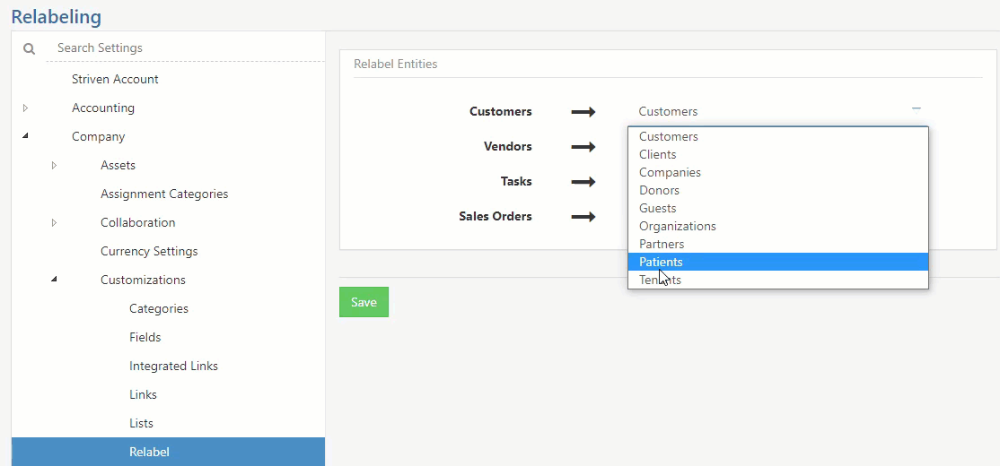 Demonstration of relabeling Customers, vendors, tasks, and Sales Orders