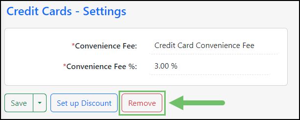 Image of the Remove option when configuring a Discount or Convenience Fee