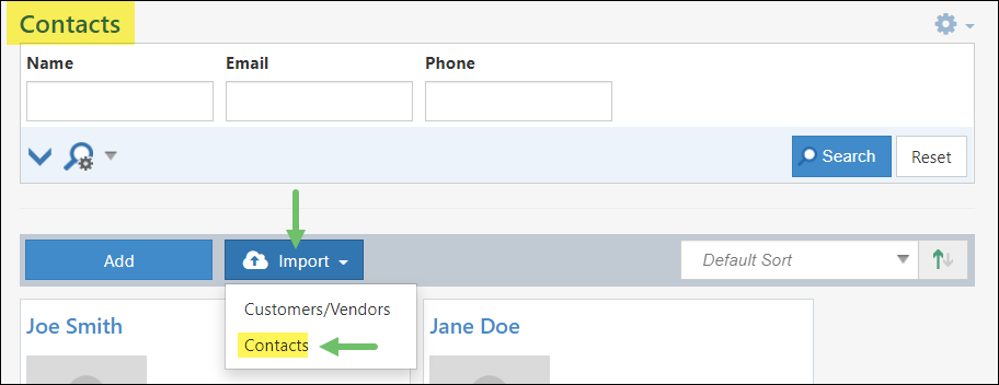 Import button showing Contact Import option