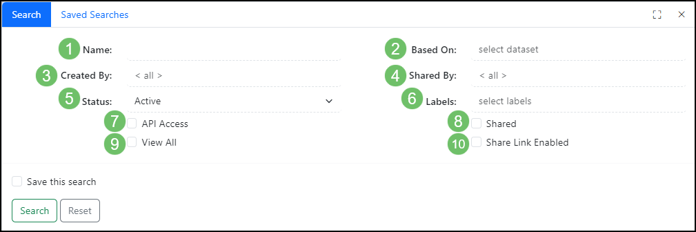 Image of the Search filters available on the Reports page