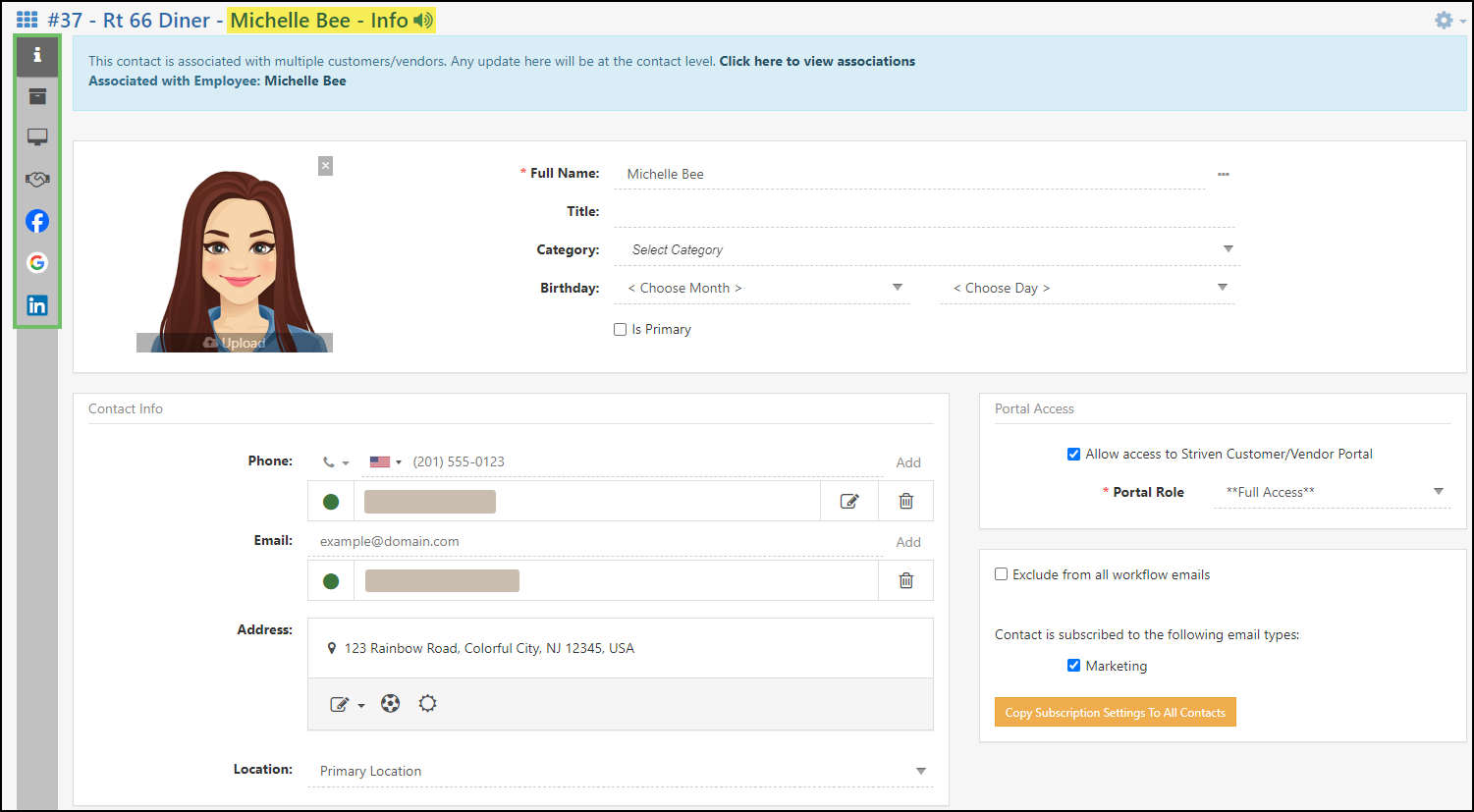 Image of a Customer Contact info Page accessed from the Customer profile