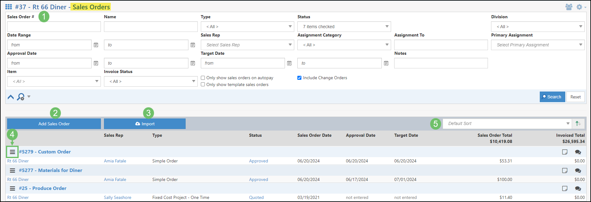 Image of the Customer Sales Orders List accessed from the Customer Profile