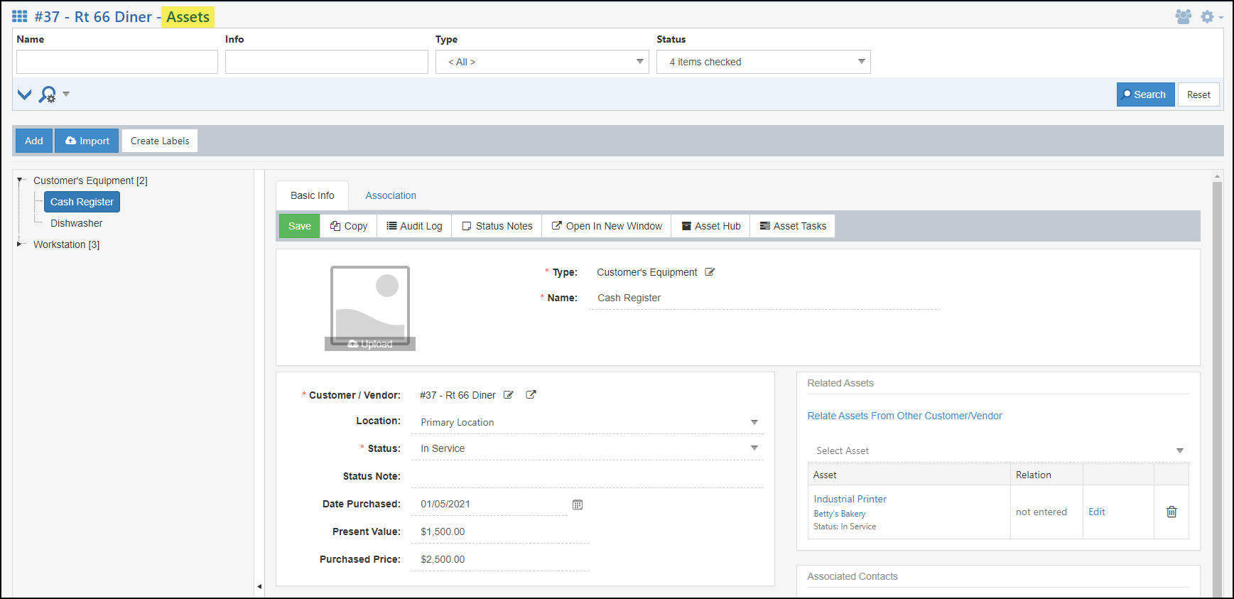 Image of the Customer/Vendor Assets page within a Customer/Vendor profile