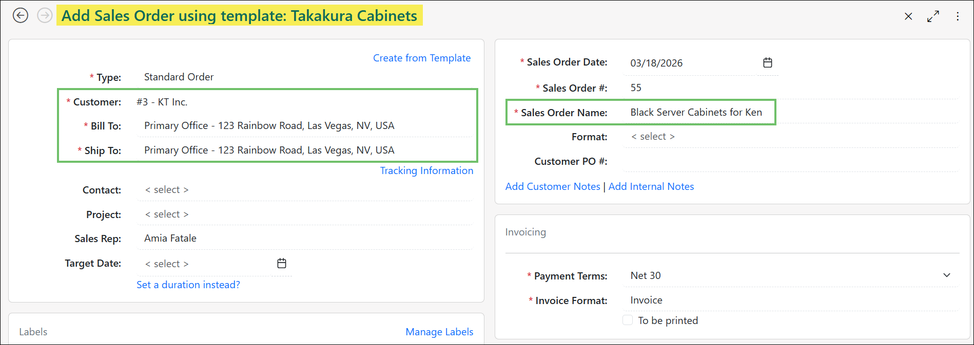 Add Sales Order using a Template highlighting the data that gets carried over to the new order