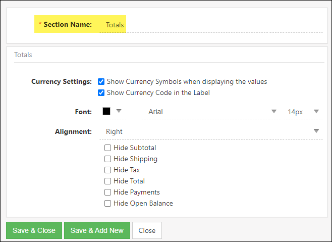 Sales Order Printable Format - Totals Section Settings
