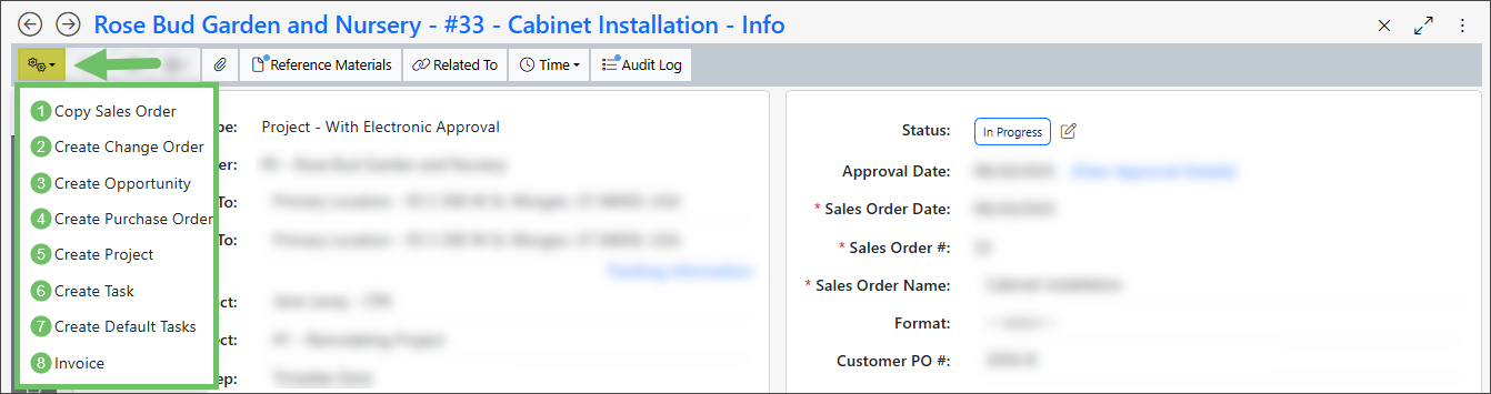 Example of the Sales Order Actions Menu when viewing a Sales Order