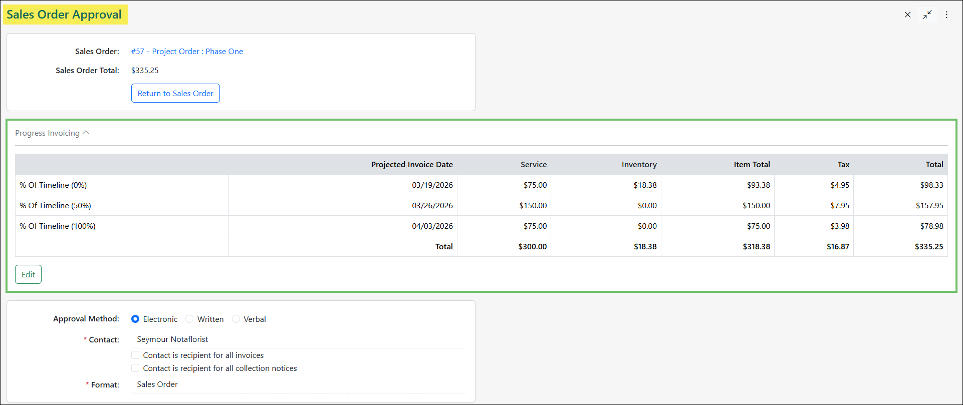 Example of viewing the Progress Invoicing Schedule at the time of Approval