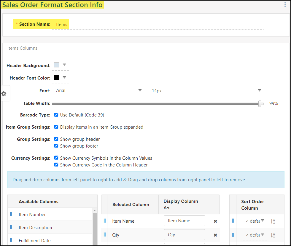 Sales Order Printable format - Items section settings