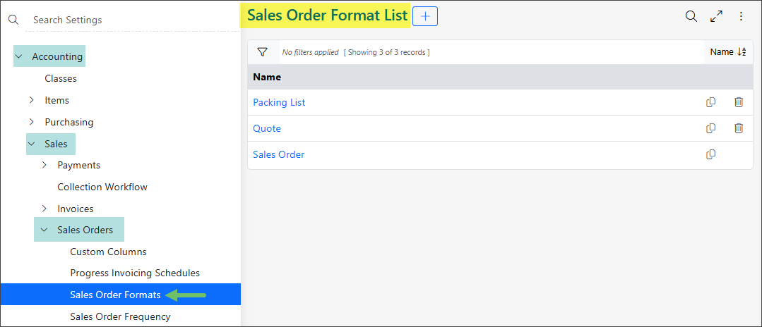 Sales Order Formats List page in Striven
