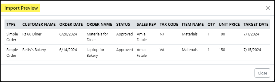 Image of the pop-up Sales Order Import Preview Window