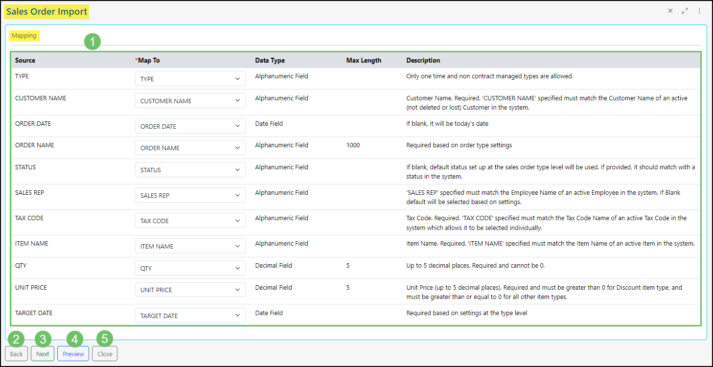Example of the Sales Order Import Mapping page withing Striven.