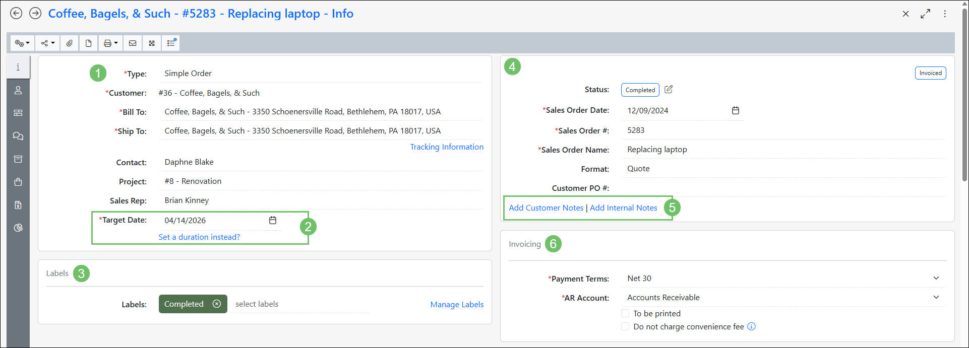 Example of the Sales Order Info page and the details stored and displayed there
