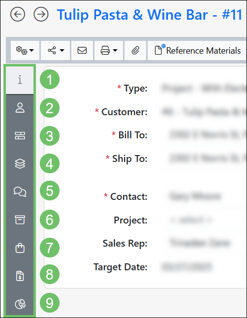 Example of the options available on the left-side navigation bar on a Sales Order in Striven