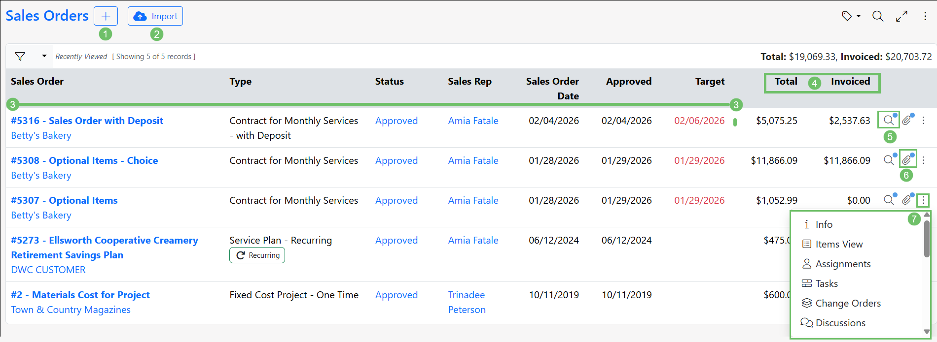 Sales Order List Page in Striven showing the available page options like search, add & import buttons, and actions