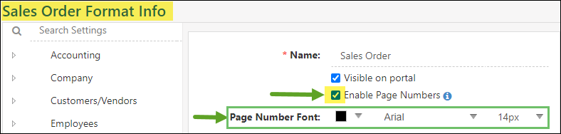 Page Numbering option on the Sales Order Printable Format