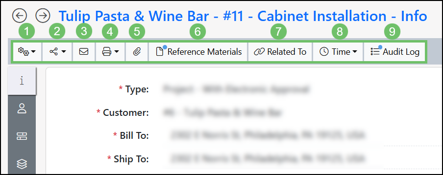 Example of the Top Navigation Bar on the Sales Order Info page with options for Actions, Share, Email, Print, attachments, Reference materials, Related To, Time, and Audit Log
