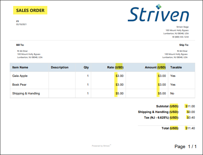 Sales Order printable format displaying currency symbols and codes