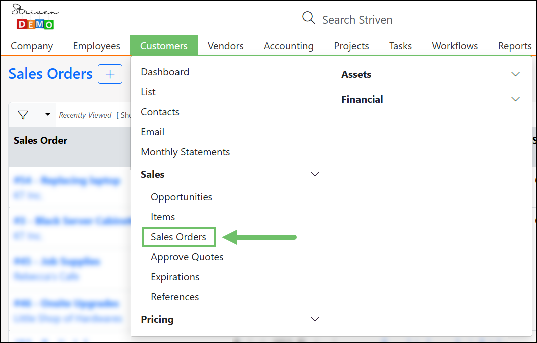 Image of the Sales Order option on the Striven Navigation Menu Bar