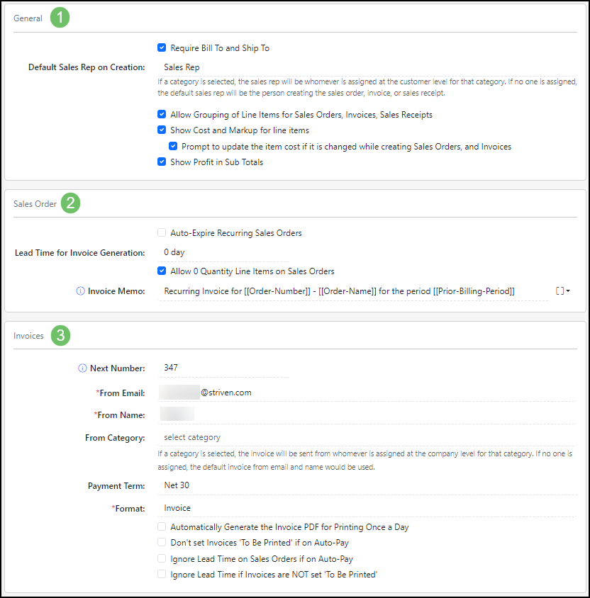 Example of the Sales Settings Page covering General, Sales Order, and Invoice Settings