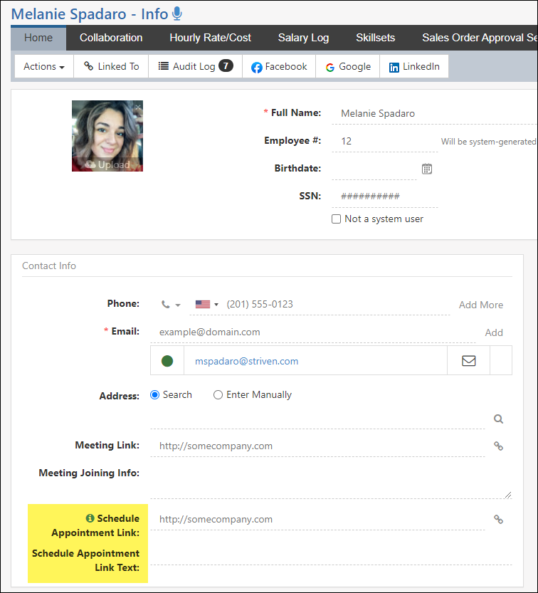 Schedule Appointment Link fields on the Employee Profile