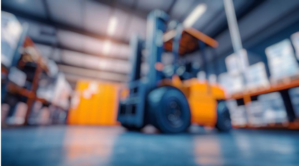 A blurry image of a forklift in a warehouse