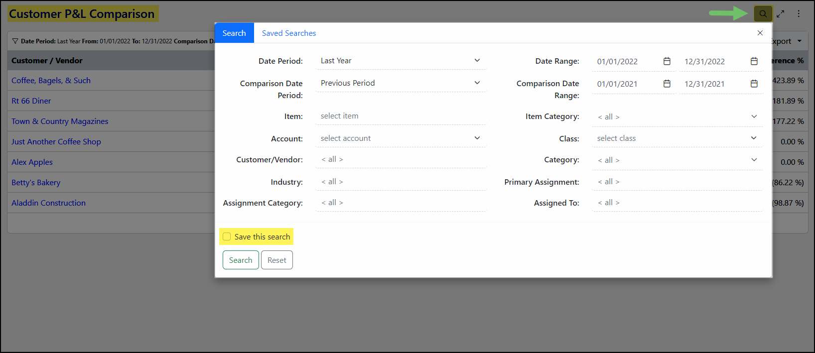 Search filters for the Customer P&L Comparison Report