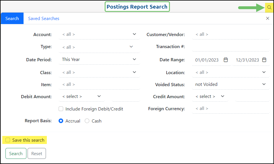Search filters for the Postings Report