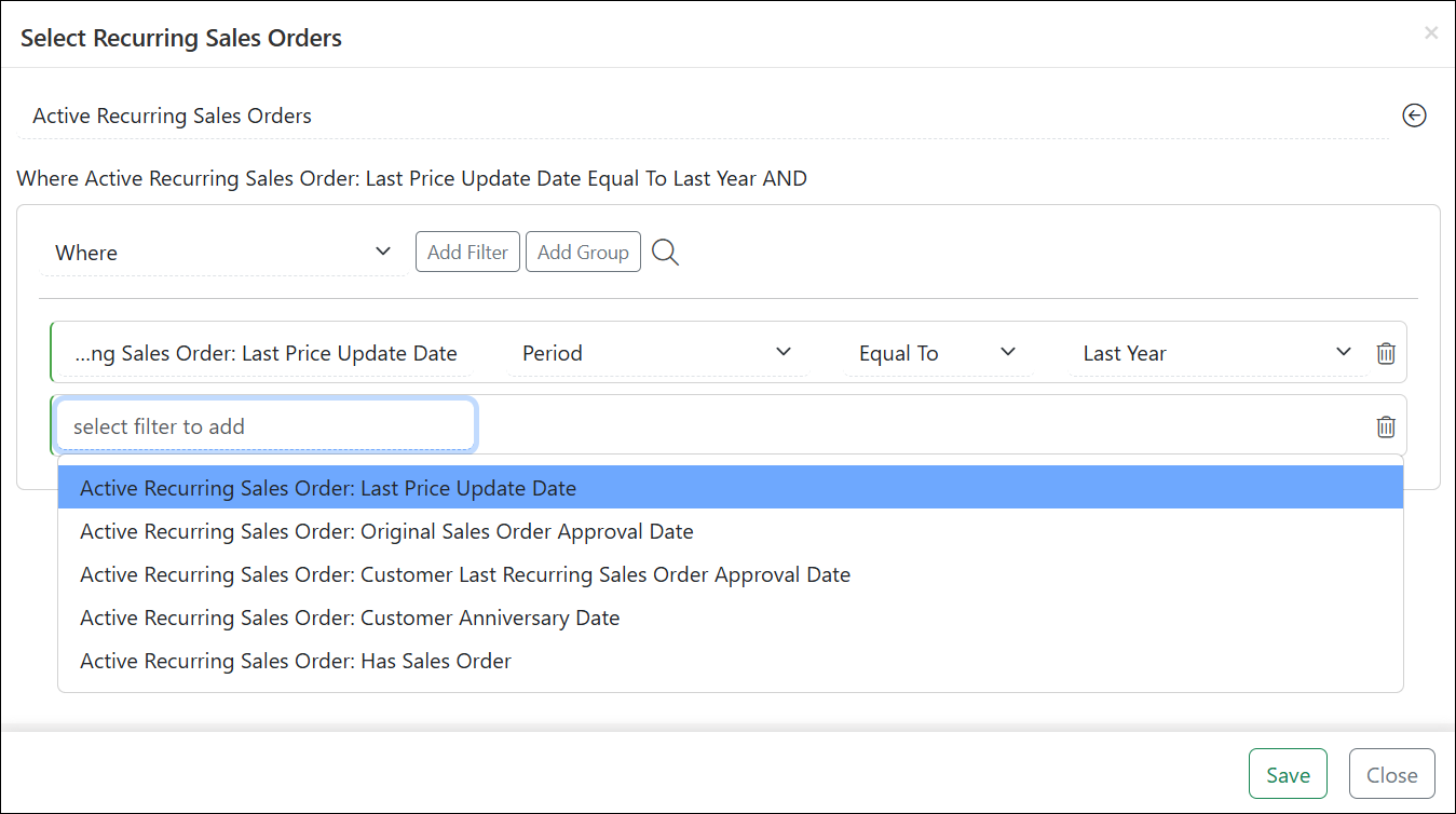 Example of Using Search Filters to Select Sales Orders