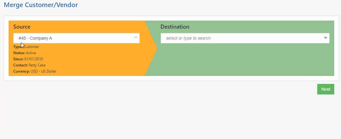 Animated gif of selecting Source & Destination for Customer Merge