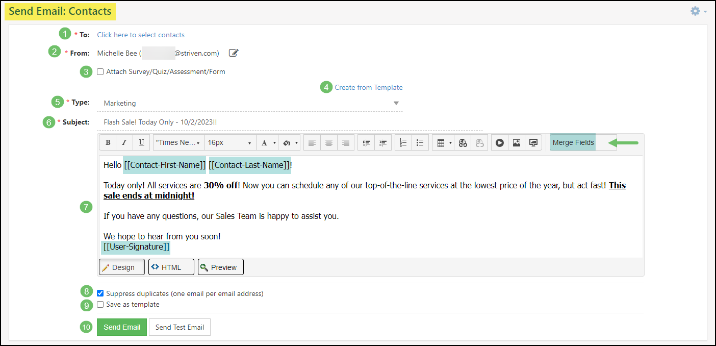 Send Email: Contacts page in Striven