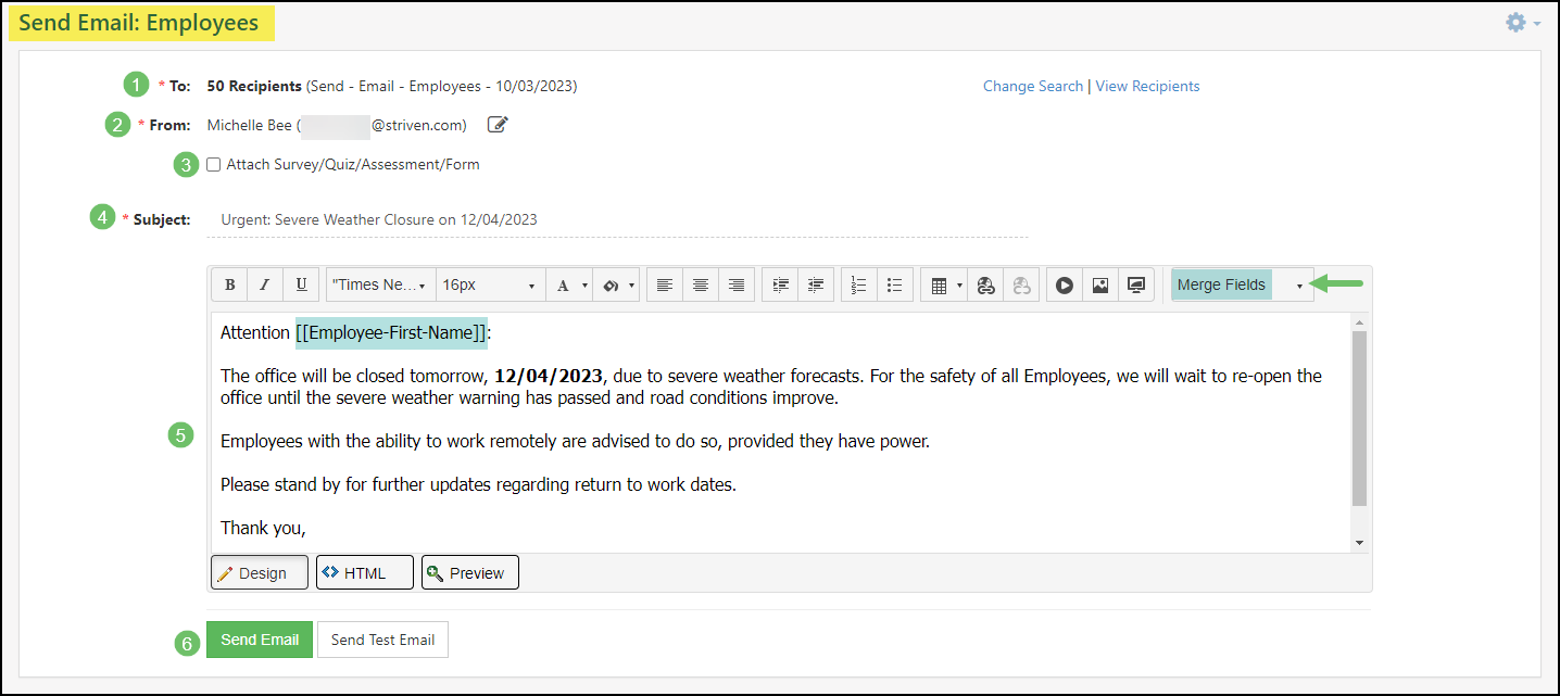Send Email: Employees page in Striven