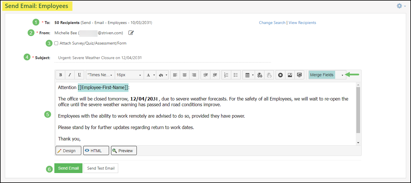 Send Email: Employees page in Striven