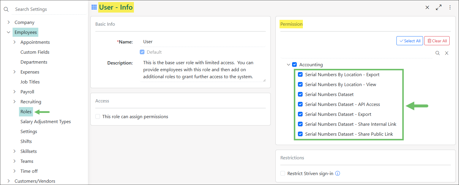 A list of Serial Numbers Related Permissions.